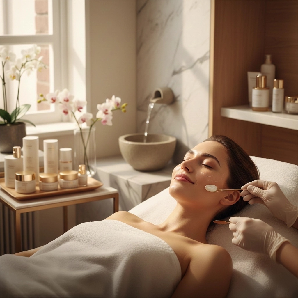 Spa setting with skincare products.