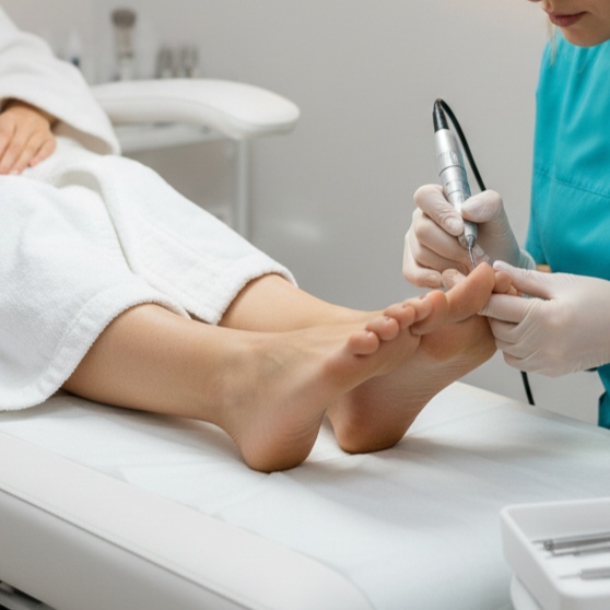 Person receiving a pedicure treatment.